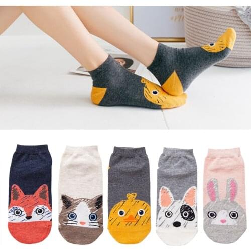 5 Pairs/Lot New Short Socks Women Cute 3D Cartoon Animal Print Womens Cotton Socks Invisible Ankle Socks
