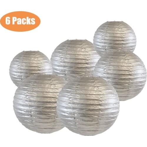 6 Pcs Silver Paper Lantern Round 10" 12" 14"Chinese lampion Paper Wedding Birthday Party Hanging Xmas Indoor Outdoor Decoration