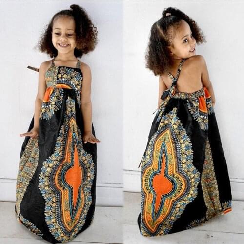 0-4Years Baby Dashiki African Clothes Set Newborn Infant Girl Sleeveless African Nation Printed Backless Halter Dress +Hairband