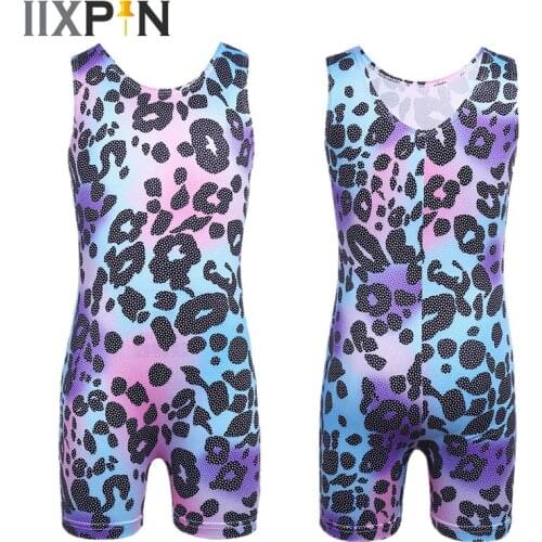 IIXPIN Kids Girls Sparkle Gymnastics Leotards Sleeveless Leopard Print Pattern Ballet Dance Gymnastics Leotard Jumpsuit Bodysuit