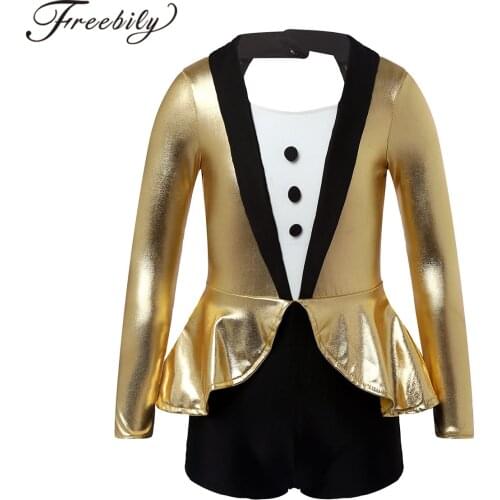 Girls Glittering Metallic Ballet Dance Costume Gymnastics Leotard Jumpsuit Kids Long Sleeve Modern Jazz Dance Unitard Bodysuit