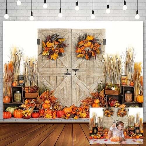 Fall Cake Smash Photography Background Newborn Birthday Pumpkin Maple Leaf Board Door Backdrop Photostudio Photozone Decor Props