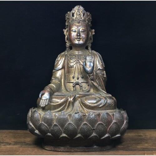 12"Tibet Temple Collection Old Bronze Cinnabar Lacquer Northern Wei Buddha Lotus Guanyin Bodhisattva Buddha Enshrine the Buddha