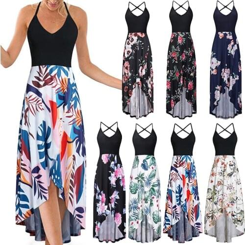 Summer Fashion Women V-neck sleeveless drawstring Dress Beach Sundress Dress Ladies Shoulder Floral Print Elegant Long Dress