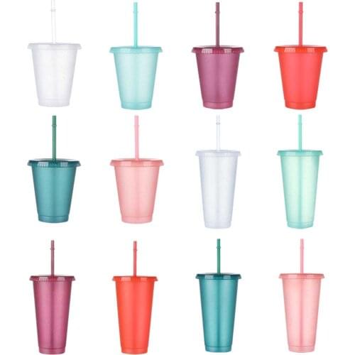 Reusable Flash Powder Straws Cup With Lid Drinking Water Bottles Hard Plastic Outdoor Sport Coffee Mugs Leak Proof Drinkware