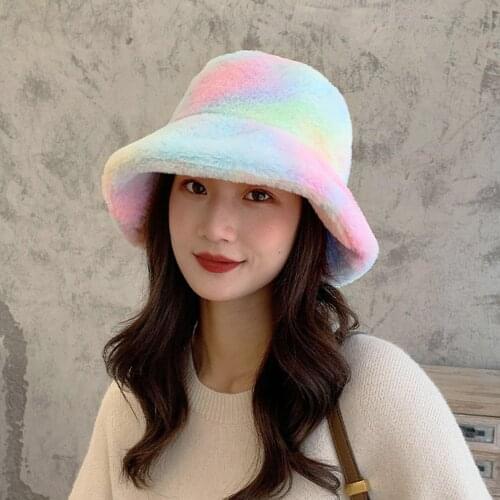 Fashion Women Plush Winter Warm Keeping Rainbow Tie Dye Cap Fisherman Bucket Hat