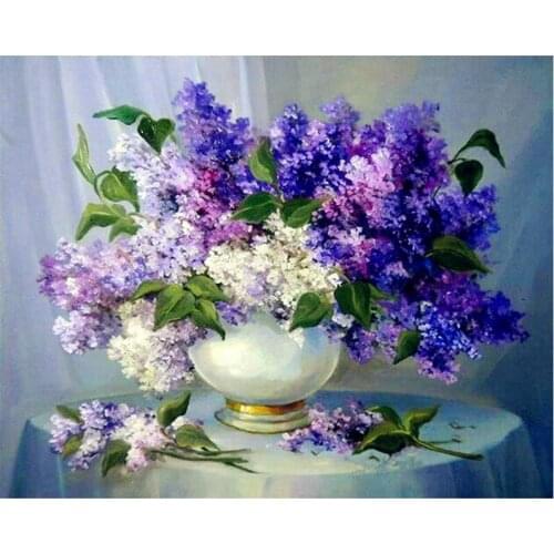 DIY Diamond Painting Needlework Square Full Diamond Embroidery Purple Lilac Flower Vase Painting Pattern Home Decoration