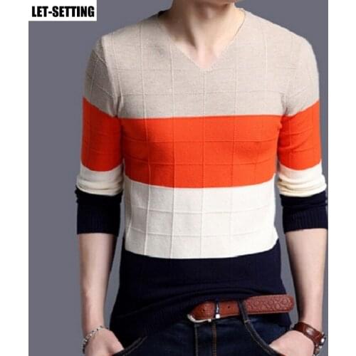 New fashion autumn winter Korean men pullover warm wool cotton sweater casual patchwork v-neck knit bottoming slim fit shirt