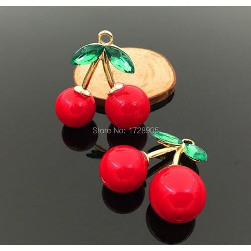 Charm Pendants Red Cherry 3D Berry With Green Crystal DIY Jewelry Accessories 5 pcs 43*43 mm