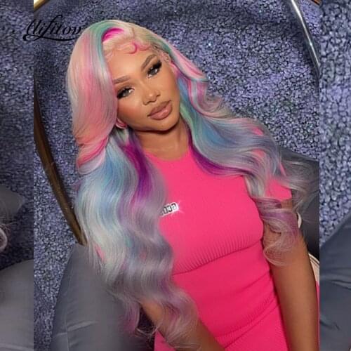 ALIFITOV Colored Human Hair Wigs Rainbow Pink Blue Purple Blonde Ombred Body Wave Lace Front Wig Remy Hair Preplucked For Women