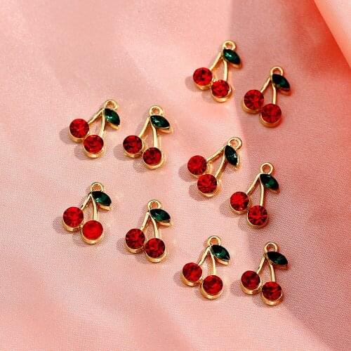 JUST FEEL 10Pcs/set Sweet Red Crystal Cherry Charms Fruit Metal Pendants Dangle For DIY Earring Necklace Handmade Jewelry Gift
