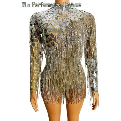 Silver Mirror Sequins Fringe Dresses Mesh Gauze Above Knee Dress Long Sleeve Nightclub Stage Bar Dance Party Evening Costume