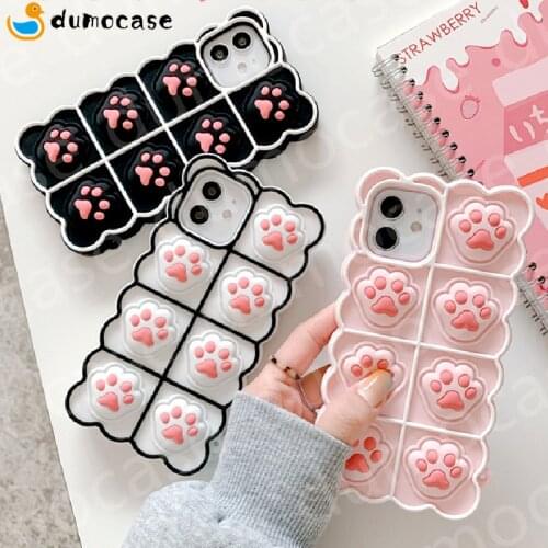 Relieve Stress Silicone Phone Case for iPhone 11 12 Pro Max X Xr Xs Max 6 6s 7 8 Plus Cute Cat Paws Pop Fidget Toys Back Cover
