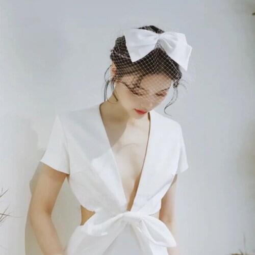 Wedding Veil White Short Satin Bow Headband Veil White Mesh Fishnet Veil Hair Clip Handmade Bridal Accessories for Bridal 2021