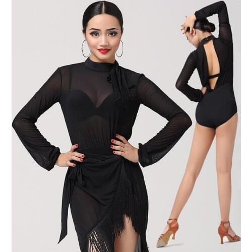 Latin Dance Tops Women Backless Bodysuit Competition Practice Wear High Collar Long Sleeves Ballroom Gymnastics Clothes VDB3244