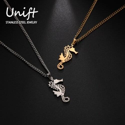Unift Stainless Steel Animal Necklace Cute Seahorse Pendant Women Necklace Fashion Charm Jewelry Ocean Party Accessories Gift