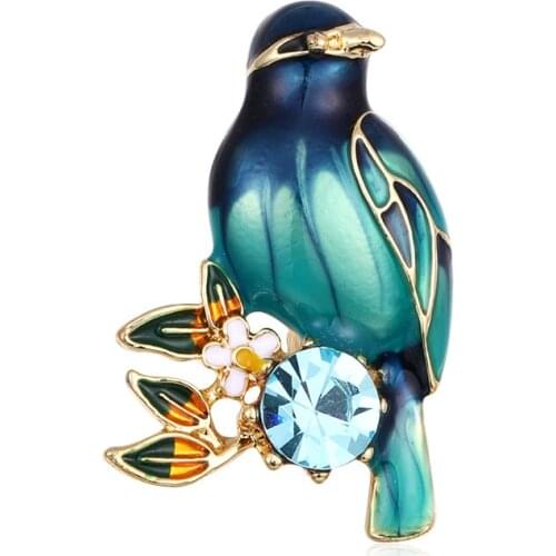 Vintage Blue Green Enamel Bird Brooch Pins Crystal Flowers Animal Brooches for Women Shirt Suit Shawl Accessories Jewelry Gifts