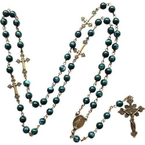 Vintage Religion Rosary Necklace Alloy Virgin Jesus Cross Pendant Beads Chain