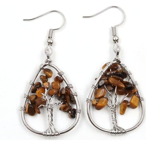 FYSL Silver Plated Wire Wrap Tree of Life Tiger Eye Stone Dangle Earrings Tourmaline Water Drop Jewelry