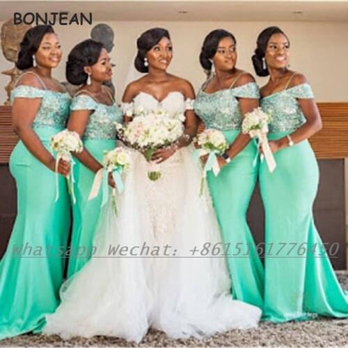 Green Bridesmaid Dresses 2021 Mermaid Lace Off-The-Sgoulder Elastic Satin African Bridesmaid Dress Plus Size for Women Wedding