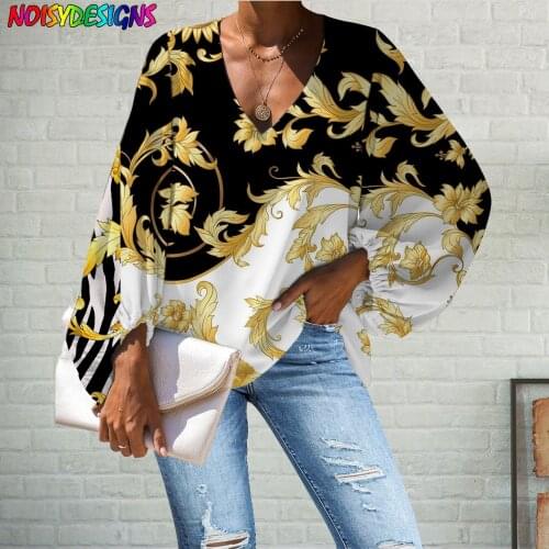 WHEREISART Blouse Women Golden Flower Vintage Luxury European Printing Womens Tops and Blouses Plus Size Shirts Ladies Clothes