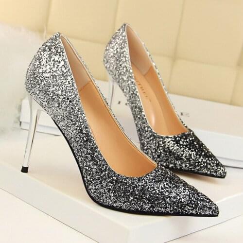 Spring Autumn Women Shoes Pointed Toe Pumps 9.5CM Thin Heels Wedding Dress Sexy colour Gradient Sequins High Heels Boat Shoes