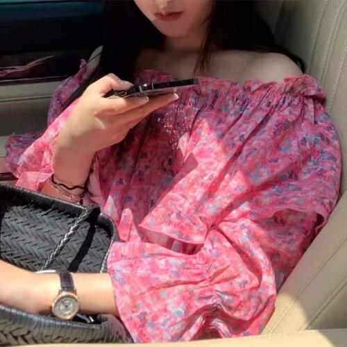 Vintage Off Shoulder Blouse Women 2021 Summer Flare Sleeve Floral Print Blouses Tops Shirts Blouses Femme