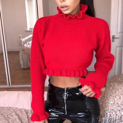 Womens Turtleneck Knitted Lace Neck Loose Sleeves Long Sleeves Sweaters Female Pullover Short Sexy Navel Pullover Sweater