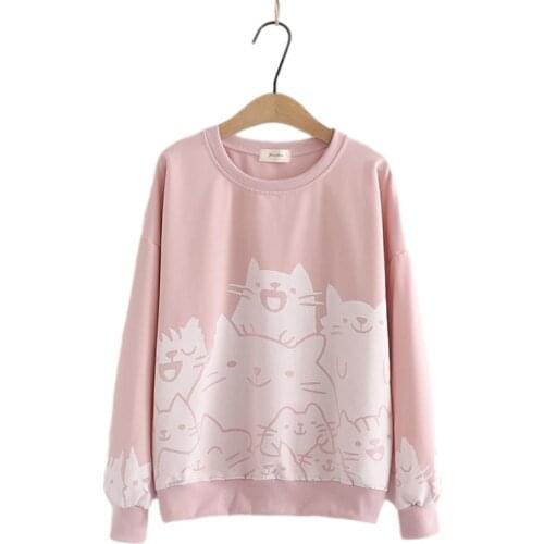 Harajuku Fashion Kawaii Cat Pink Hoodies Women Crewneck Anime Print Sweatshirt Girls Pullover Female Cute Long Sleeve White Tops