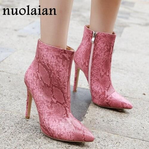 Womens Winter Ankle Boots 10.5CM High Heels Platform Boot Woman Dress Shoe Womens Faux Snake Leather Boots Ladies Heels Shoes