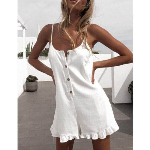 2021 Summer Short Jumpsuit with Open Back Thin Shoulder Strap Button Ruffled Solid Color Jumpsuit Elegant Casual Jumpsuit New