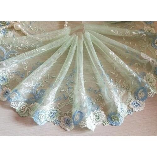 2 yds Lace Trim Blue Flowers Embroidered Green Tulle Lace 6.69" Wide Doll Dress Underwear Costume DIY Craft Supplies