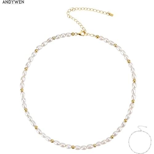 ANDYWEN 925 Sterling Silver Gold Pearl Beads Natural Pearls Choker Necklace Chain Luxury Women Fashion Fine Jewelry For 2020