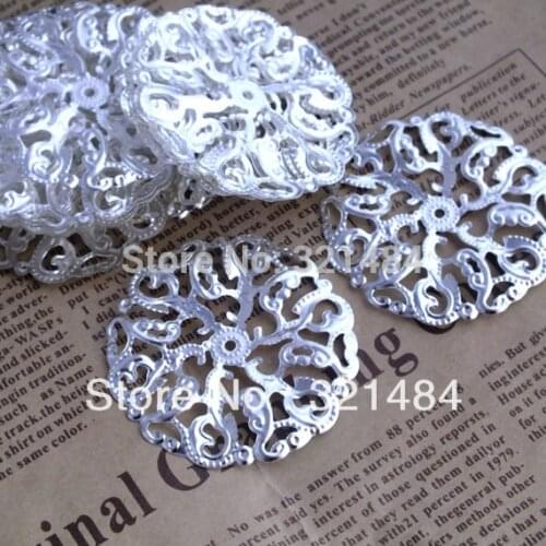 Free shipping 100piece/lot 45mm Silver plated Tone Filigree Round Flower Wraps Jewelry Findings Connectors