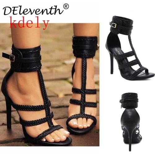 Summer New sandals Women Black PU Leather T-strap Braided Belt Buckle Stiletto High Heeled Sandals Shoes Lady