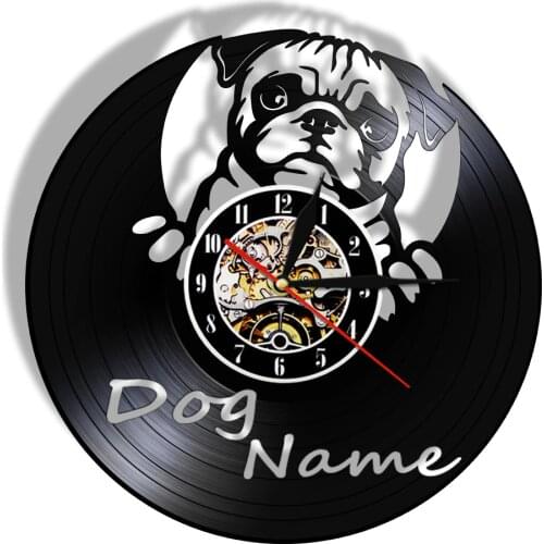 English Bulldog Lovely Pug Puppy Dog Decorative Clock Custom Dog Name Vinyl Wall Clock Modern Design Wall Art Home Decor