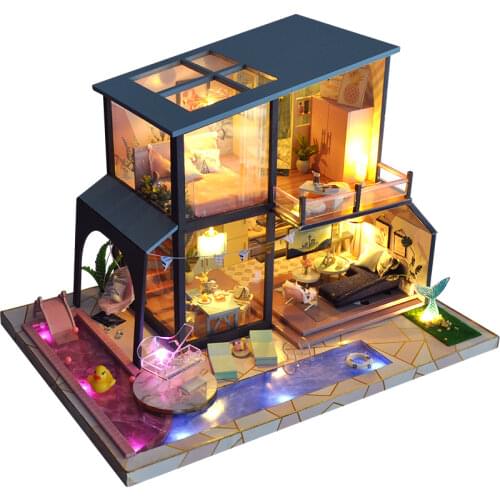 DIY Wooden Dollhouse Swimming Pool Duck Holiday Villa Kit Assembled Miniature Doll House Toys for Children Adult Christmas Gifts