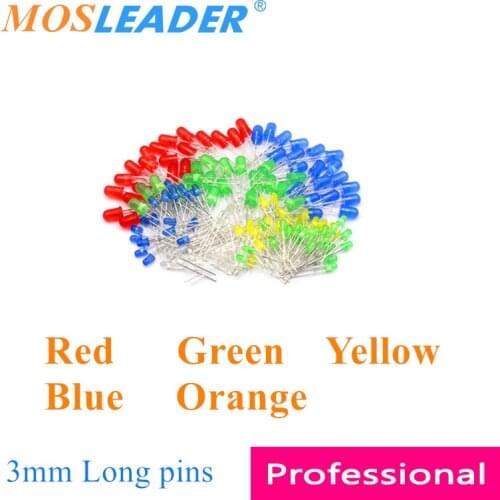 Mosleader 1000pcs 3mm F3 LED Red Green Yellow Blue Orange amber Long pins 25-27mm Round head DIP LEDs Colors show colors Chinese