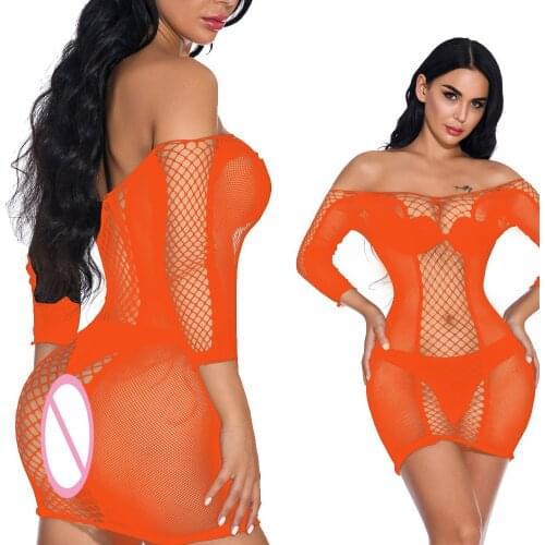Long Sleeved Erotic Hot Sexy Fishnet Lingerie Babydoll Teddy Catsuit Body Stocking Costumes Off Shoulder Dress Porn Cotillon