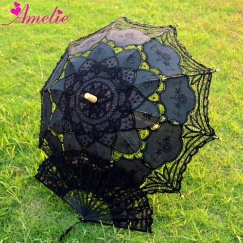 Cotton Battenburg Lace Handmade Lace Parasol and Fan Set Lolita Gothic Party Decoration Mens Umbrella Gifts Hand Fan