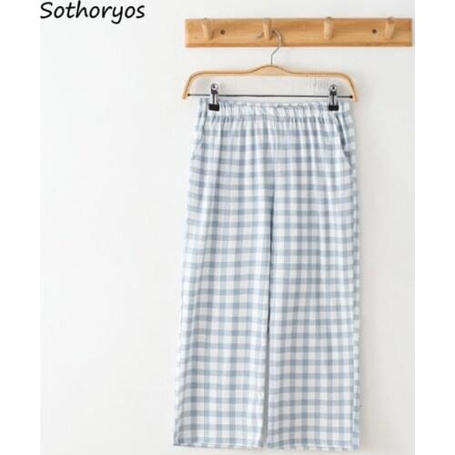 Sweet Plaid Sleep Bottoms Women Summer Vintage Simple Classic Sleepwear Straight High Waist Trousers Homewear Soft Cozy Loose