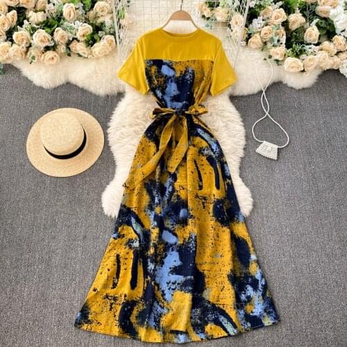 2021 Early Spring New Stitching Vestidos Womens Round Neck Short-sleeved Lace-up Waist and Thin Ink Print Midi Dress C491