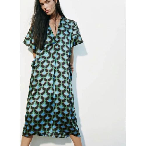Nlzgmsj Za Dress Women 2021 Printed V Neck Dresses Women Fashion Straight Loose Dress Women Elegant Midi Dresses Female 202107