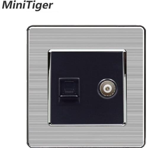 Minitiger 2Gang RJ45 Internet Data Computer Jack CAT5E Connector With Female TV Outlet Stainless Steel Brushed Panel Wall Socket