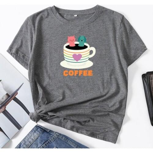 Cute Funny Cat Dog Coffee Bath Cup Summer Women Crew Neck Short Sleeve Cotton T-Shirt Top Female Clothes Graphic Tee Shirt Tops