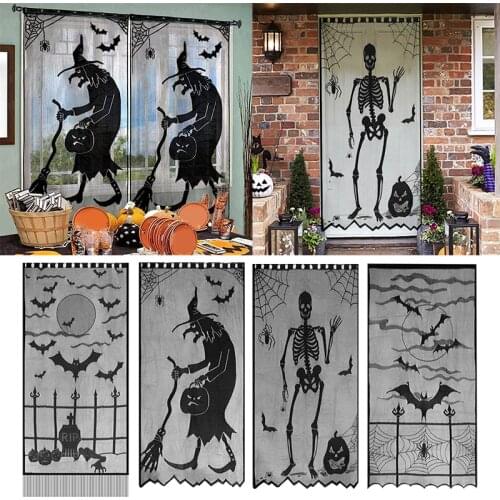 Halloween Decoration Black Lace Skull Bat Witch Door Curtain Window Hanging Ornament For Halloween Party Home Decor Horror Props