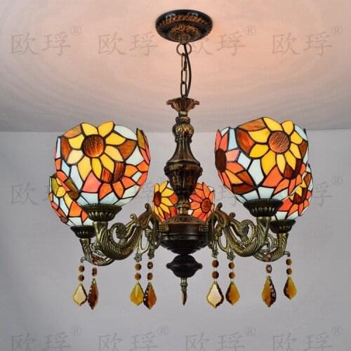 Tiffany sunflower Stained Glass Suspended Luminaire E27 110-240V Chain Pendant lights for Home Parlor Dining Room