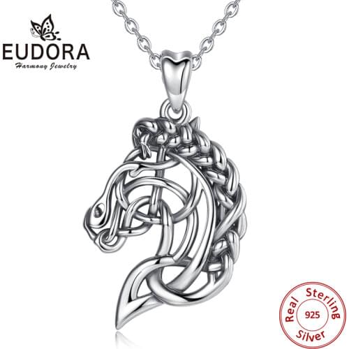 Eudora 925 Sterling Silver Horse Necklace Pendant Celtics Knot Spirit Horse Head Necklace Equestrian Jewelry Animal Series D424