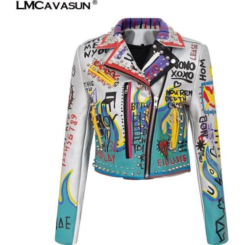 LMCAVASUN graffiti beading Women pu Leather Jacket Punk Style Motorcyle embrodiery leather Jackets Coats Streetwear