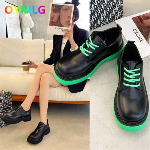 Net celebrity big head leather shoes femaleBritish style trifle thick bottom small leather shoes casual lace shallow shoes trend